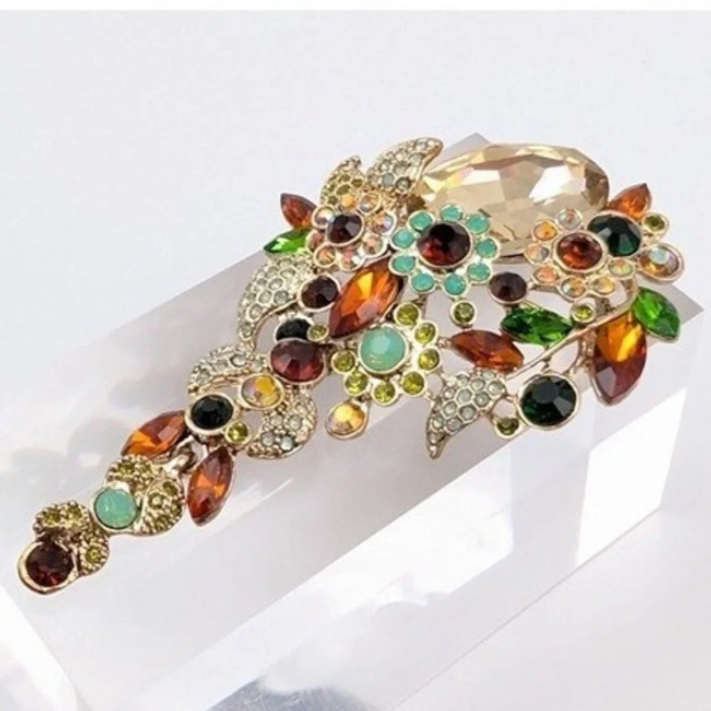 Botanical Rhinestone Brooch Pendant‎ Gold Tone Large Floral Garden Fairy Spring